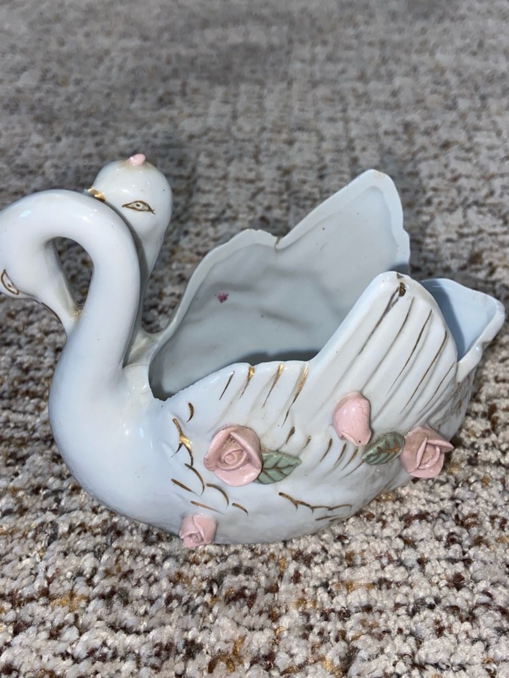 White Ceramic Swan Planter with Pink Rose Accents